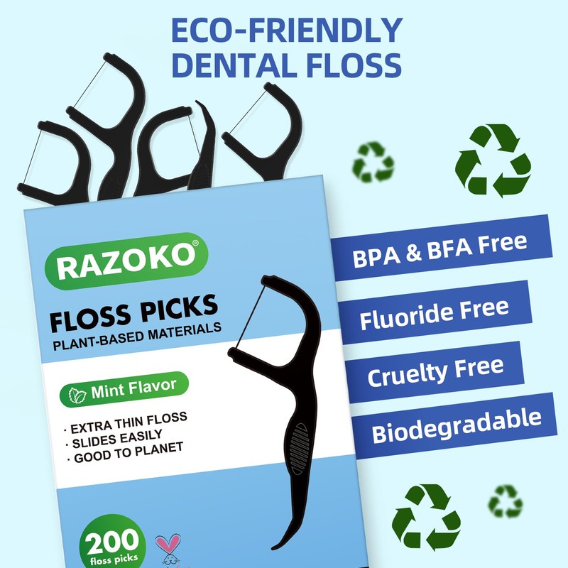 RAZOKO Biodegradable Dental Floss Picks, Charcoal Toothpick Stick Soft On