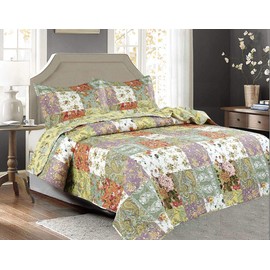 Legacy Decor 3 PCS Quilt Bedspread Coverlet Blue and White Floral Patchwork Design Microfiber Full Size