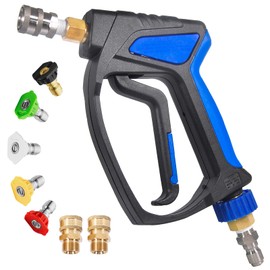 TOOLCY Short Pressure Washer Gun with Swivel, 3/8" QC Inlet and Stainless 1/4" Quick Connector, 5000 PSI, 10.5 GPM, Stubby High Pressure Gun, Solid Brass M22 14mm & 15mm Fitting and 5 Nozzle Tips