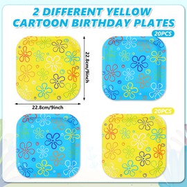 Whaline 40 Pcs Sponge Party Paper Plate Cartoon Themed Disposable Plate Yellow Blue Tableware for Birthday Baby Shower Supplies Table Decor, 9 In