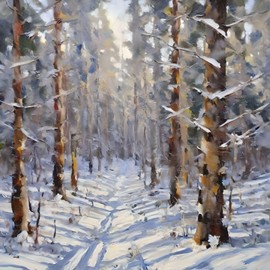 ACEO Card forest in the Winter snow with a trail running through it