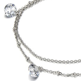 COOLSTEELANDBEYOND Tow-Row Anklet Bracelet Stainless Steel with Dangling Cubic Zirconia