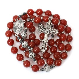 Nazareth Store Red Garnet Rosary Stone Beads Necklace Metal Beaded Glory Beads Miraculous Medal & Silver Cross Crucifix For Men and Womens
