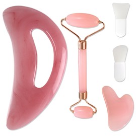 JSTHHTT Gua Sha and Jade Roller, Gua Sha Stone, Body Gua Sha Massage Tool with Handle, Guasha Tool Face, Use for Face, Eye, Neck, Legs, Back, Face, Neck, Muscle (Pink)