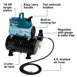 Master Airbrush Model TC-40T - Cool Runner Professional High Performance Single-Piston Airbrush Air Compressor with 3-Liter Air Tank, 2 Holders, Regulator Gauge, Water Trap Filter & Air Hose