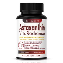 Nutra Zenith Astaxanthin VitaRadiance - 15mg Pure Astaxanthin with Omega-3, Lutein, Vitamin E & Piperine - High Absorption Formula - Skin, Eye & Energy Support - 60 Softgels
