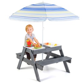 Costzon Costzon Kids Picnic Table with Sensory Bins, 4 in 1 Sand and Water Table with Height Adjustable Umbrella, Removable Tabletop, Wooden Kids Outdoor Table for Backyard Patio Play