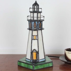 Bieye L10221 Lighthouse 10 inch Tiffany Style Stained Glass Accent Table Lamp, Night Light