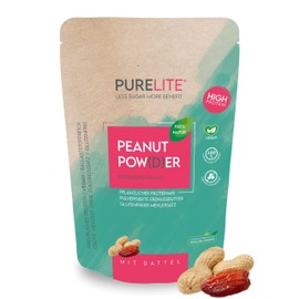 PURELITE Peanut Pulver 450g vegan Erdnuss m. natürlicher Dattel gesüßt, top Proteinquelle, ideal f. Diät, Mehlersatz, proteinreich, ohne Zuckerzusatz, mit Vitaminen & natürlichem Eiweiß