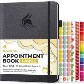 Clever Fox Appointment Book – Hourly Schedule Planner with 15-Minute Increments – Time Box Planner for Daily Work & To-Dos – Weekly & Monthly Spreads, Undated, Hardcover, A4 size, (Silver Black)