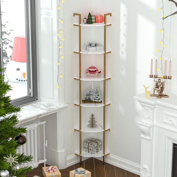 aboxoo Bookcase White Bookshelf Wall Mounted Ladder Shelf, 6 Tier