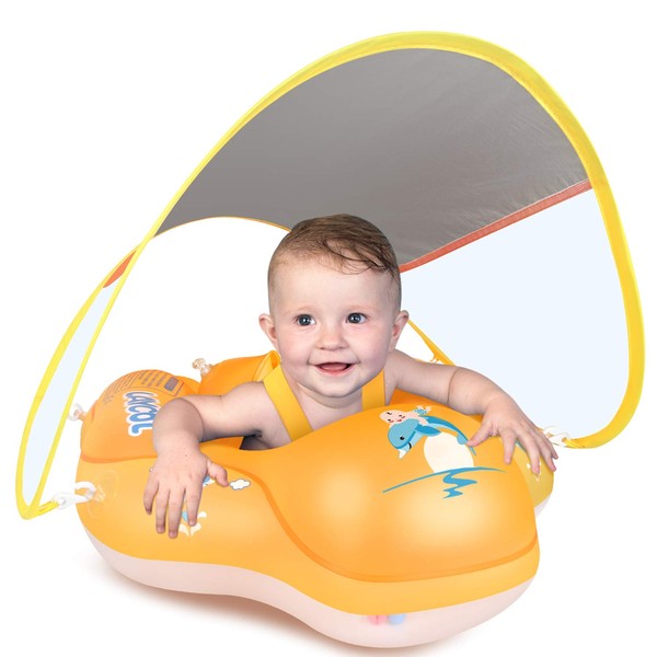 LAYCOL Baby Swimming Float Inflatable Baby Pool Float Ring Newest with Sun Protection Canopy,add Tail no flip Over for Age of 3-36 Months (Orange, L)