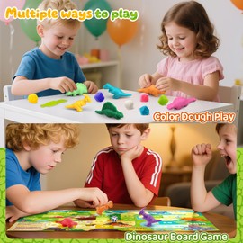 Dinosaur Playdough Sets for Kids Ages 2-4, Family Board Games for 2-6 Players, 6 Dino 3D Modeling Tools, 5 Play Dough, Adventure Map & Dice, Playdough Accessories Gift for 3 4 5 6 Year Old Boys Girls