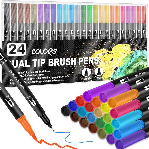 Dual Brush Pen Set, Pens Felt Pens Children 24 Colours