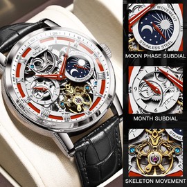 OLEVS Skeleton Automatic Men's Watches Mechanical Fashion Luxury Leather Waterproof Luminous Men's Watch, 6670 Black Leather/Red/Silver, Strap.