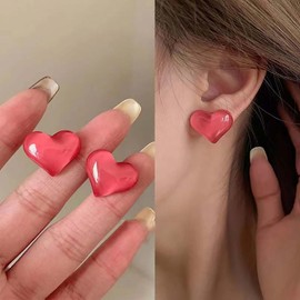 Inilbran Boho Love Heart Earrings Red Heart Stud Earrings Vintage Acrylic Heart Earrings Minimalist Heart Earrings Jewellery for Women and Girls, Zinc, No Gemstone