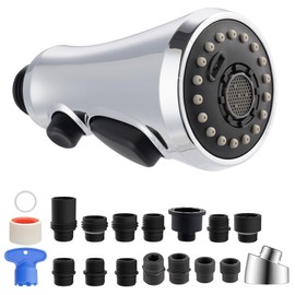 Hibbent Pull Down Kitchen Faucet Head Replacement, 3-Function Kitchen Faucet Head Sink Spray Nozzle with 15 Adapters Compatible with Moen, American Standard, Delta, Kohler Faucets, Chrome