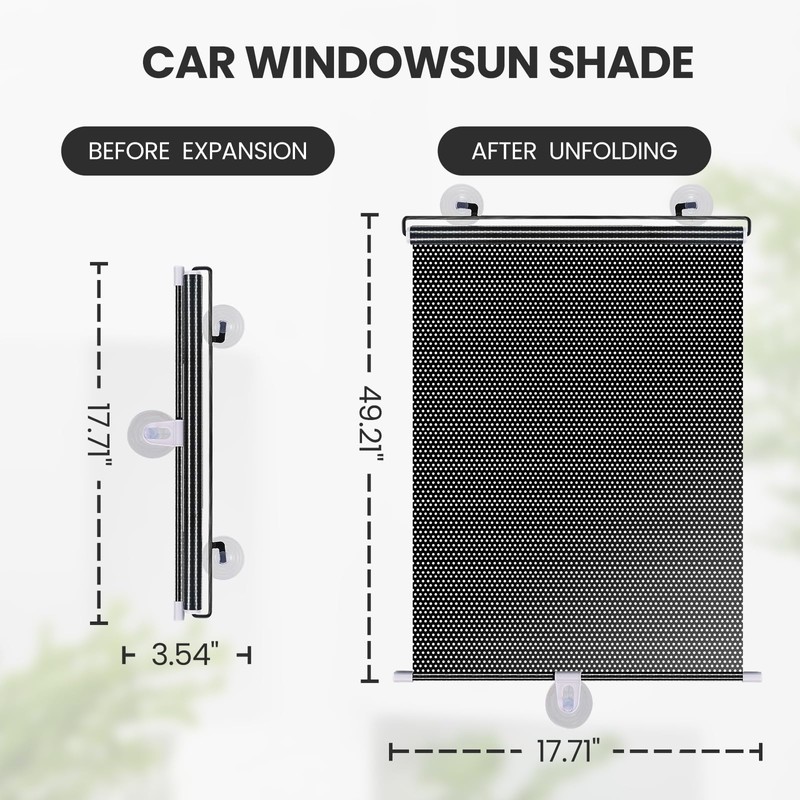 No Drilling Retractable Roller Window Shades W/3 Suction Cups, Black