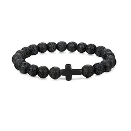 Yocoyee 8MM Ornament Tiger Eye Lava Volcanic Stone Beads Bracelets Turquoise Cross Elastic Stretch Bracelet Bangle for Women Men-Full Black