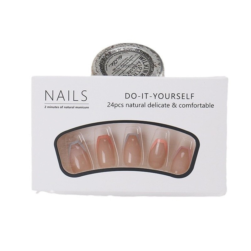 24PCS Medium Nude Press-On Nails with Colorful Stripes, False Nails,