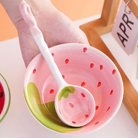 Ciieeo 1 Set Ceramic Bowl with Spoon Strawberry Dessert Salad Bowl Appetizer Plate Snack Bowl Food Container for Kitchen Home Pink
