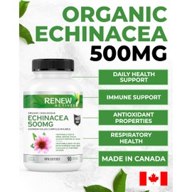 Renew Actives RENEW ACTIVES ORGANIC ECHINACEA 500MG per Serving - High-Potency Herbal Supplement for Respiratory Health, Non-GMO, Easy-to-Swallow - Helps Relieve Cold Symptoms - Made in Canada - 90 Veggie Capsules