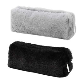 (Black+Gray) Pencil Case, 5 Colors Pen Pouch Bag Girl Cute Plush Soft Fluffy Pencil Pen Case Cosmetic Bag Pencil Holder Holder Makeup Pouch with Zipper Khaki/Gray/Dark Pink/Light Pink/Black
