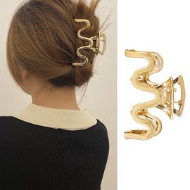 JATOMSSM Metal Gold Hair Clips for Women - 1 Pack Wave Style Claw Clips Non Slip Hair Catch Clips French Hair Accessories Trendy Wave Hair Jaw Clips Strong Hold Hair Claw Clip for Hair Styling