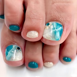 Summer Press on Toenails Short Fake Toenails Ombre Marble Glossy Glue on Toenails Full Cover Acrylic Toenails Shiny Glitter Artificial Toenails for Women Manicure 24Pcs