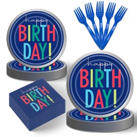 96Pcs Dark Blue Party Decorations Tableware Set Plates Napkins Forks Serves 24 Guests Multicolor Happy Birthday Party Decorations