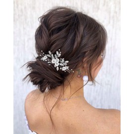 Edary Bridal Flower Wedding Hair Comb Silver Pearl Headpiece Leaf Wedding Side Comb Bridal Hair Accessories for Women and Girls (Silver 2)