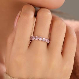 Dainty Pink Heart Rings for Women 925 Sterling Silver Promise Rings for Her Cubic Zirconia Eternity Engagement Wedding Band Purity Ring Mother Daughter Friendship Ring Birthday Graduation Gifts (Pink CZ B, 8)