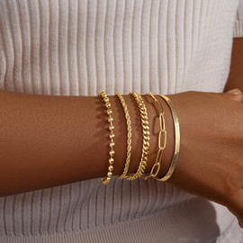 Poxtex Poxtex Gold Bracelets for Women, 14K Gold Dainty Jewelry Sets for Women Trendy, Gold Stackable Waterproof Bracelets Inclued Beaded, Cuban, Paperclip, Herringbone, Rope, Fashion Jewelry Gifts for Her