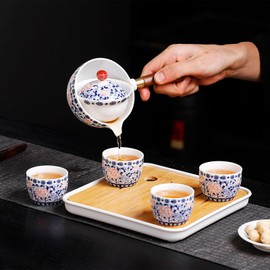 REOWONU Chinese tea set Gongfu tea set, Portable Teapot Set with 360 Rotation Tea maker and Infuser,kung fu tea set Portable All in One leather Bag for Travel,Outdoor,Office,Home,Gifting (4cups-lotus)