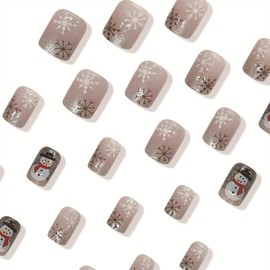 Mkwntg Christmas Press on Nails Short Square Fake Nails with Black White Snowflake Designs Glossy Gradient Gray White Glitter Winter False Nails Cute Snowman Full Cover Acrylic Nails for Women 24Pcs