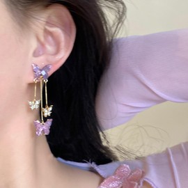 Purple Butterfly Tassel Earrings for Women Animal Drop Dangle Earrings Crystal Rhinestone Earrings