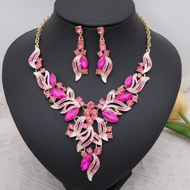 chaoyite Leaf Shape Bridal Costume Jewelry for Bride Wedding Necklace Earrings Bracelet Ring Sets Prom Dress Accessories, Copper Alloy, Crystal Rhinestone