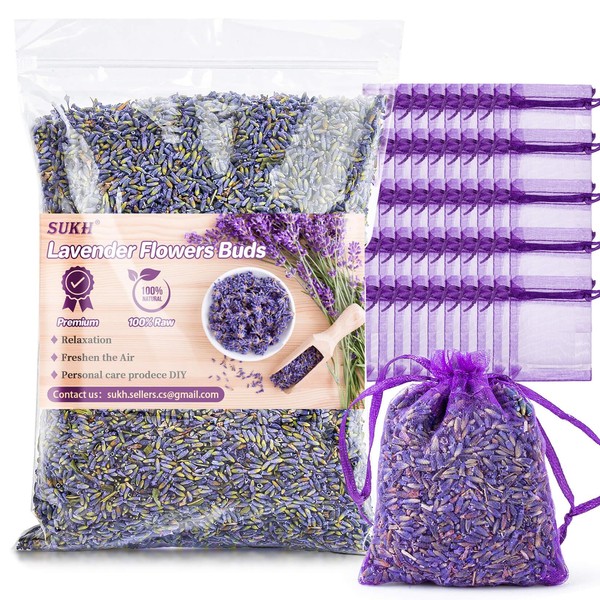 8.4OZ Sukh Lavender Sachet Bags - Fresh Scented Dried Lavender Flowers Potpourri Bags Refill Sachets for Drawers and Closets as Lavender Air Freshener, Space Stuff Closet Perfume and Home Fragrance