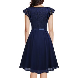 MISSMAY Women’s Retro V-Neck Lace Slim Classic Style Cocktail Party Dress (Large, Navy Blue)