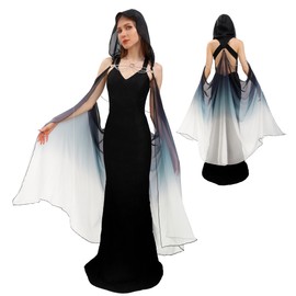 DAZCOS Women's Chiffon Hooded Cape Elf Sheer Cloak Tulle Bridal Off Shoudler Capelet (Black)