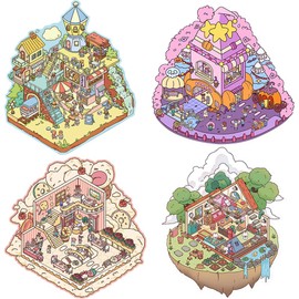 4 Sets 3D Sticker Scene Funny House Sticker Set DIY Cartoon Scene Make Your Own Supermarket Mini Room for Adult Kids Relaxing Pass The Time