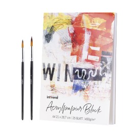 int!rend Premium Acrylic Paper, 400 g, DIN A4 Pad, 25 Sheets, White, Glued on the Head, Acrylic Paint Pad, Drawing Paper A4 Including Two High-Quality Brushes, Drawing Pad for Acrylic Paints