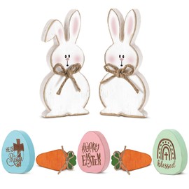 Yousoontic 7 Pcs Easter Tiered Tray Decor Wooden Easter Eggs Decorations Farmhouse Wood Bunny Carrot Signs Decorative Rustic Happy Spring Sign for Home Table Party Tabletop