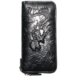 Berkut Dragon / Tiger Genuine Leather Long Wallet, Blue Dragon, White Tiger, Feng Shui, Four Beasts, Zip Around, Black