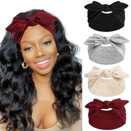 FULZTEY Bow Headbands for Women Wide Hairbands Vintage Headwrap Elastic Non Slip Workout Sports Head Band Knotted Thick Turban Cotton Bandanas for Hair Accessories 4Pcs