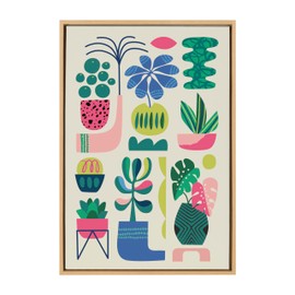 Kate and Laurel Sylvie Houseplants Framed Canvas Wall Art by Rachel Lee, 23x33 Natural, Colorful Mid-Century Plant Art for Wall