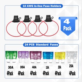 10 AWG Waterproof Fuse Holde ，Fuse Holder ATC/ATO, 4 Packs in-Line Automotive Blade Fuse Holder with 24PCS Standard Car Fuses, （15A 20A 25A 30A 35A 40A） Automotive Replacement Fuses