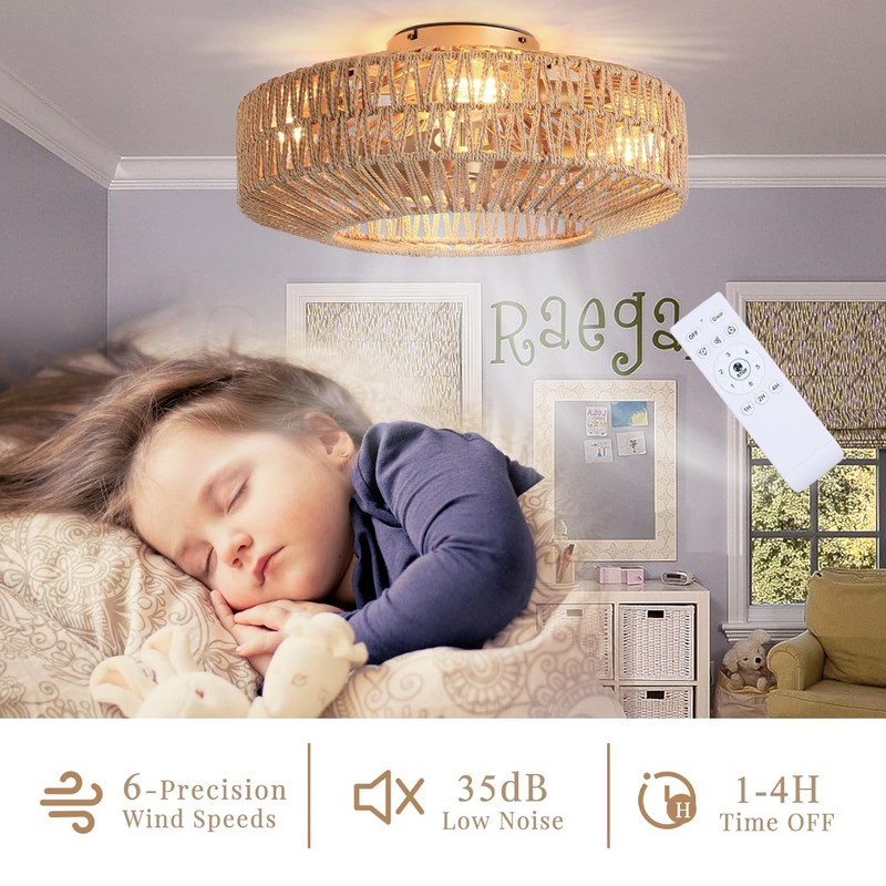 Bewishing 20'' Boho Gold-Colored Rattan Fandelier with Light & Remote