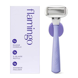 Flamingo Maquinillas de afeitar para mujer, 1 mango de maquinilla de afeitar (lila), 1 repuesto de cuchilla de afeitar y 1 soporte de ducha