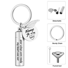 Fanshiontide Cremation Jewelry Urn Keychain for Ashes, Cylinder Memorial Angel Wing Keepsake Urn Key Chain Stainless Steel for Human Pet Ashes